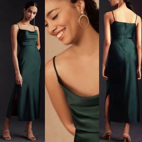BHLDN Cali Satin Cowl Neck Midi Slip Dress In Emerald Green Size 6 - Picture 1 of 15